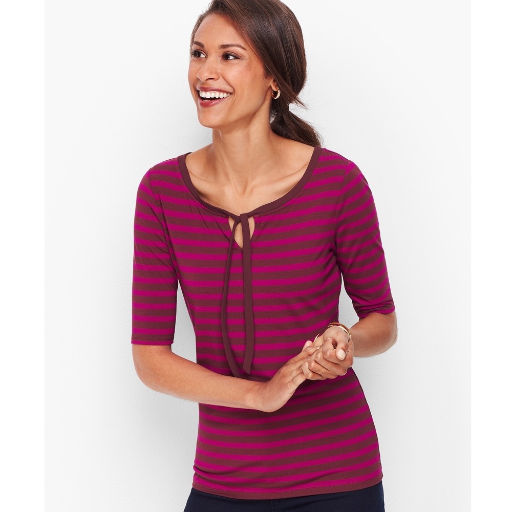 Talbots Womens Magenta Burgundy Striped Tie Neck Elbow Sleeve Top Size M NEW‎